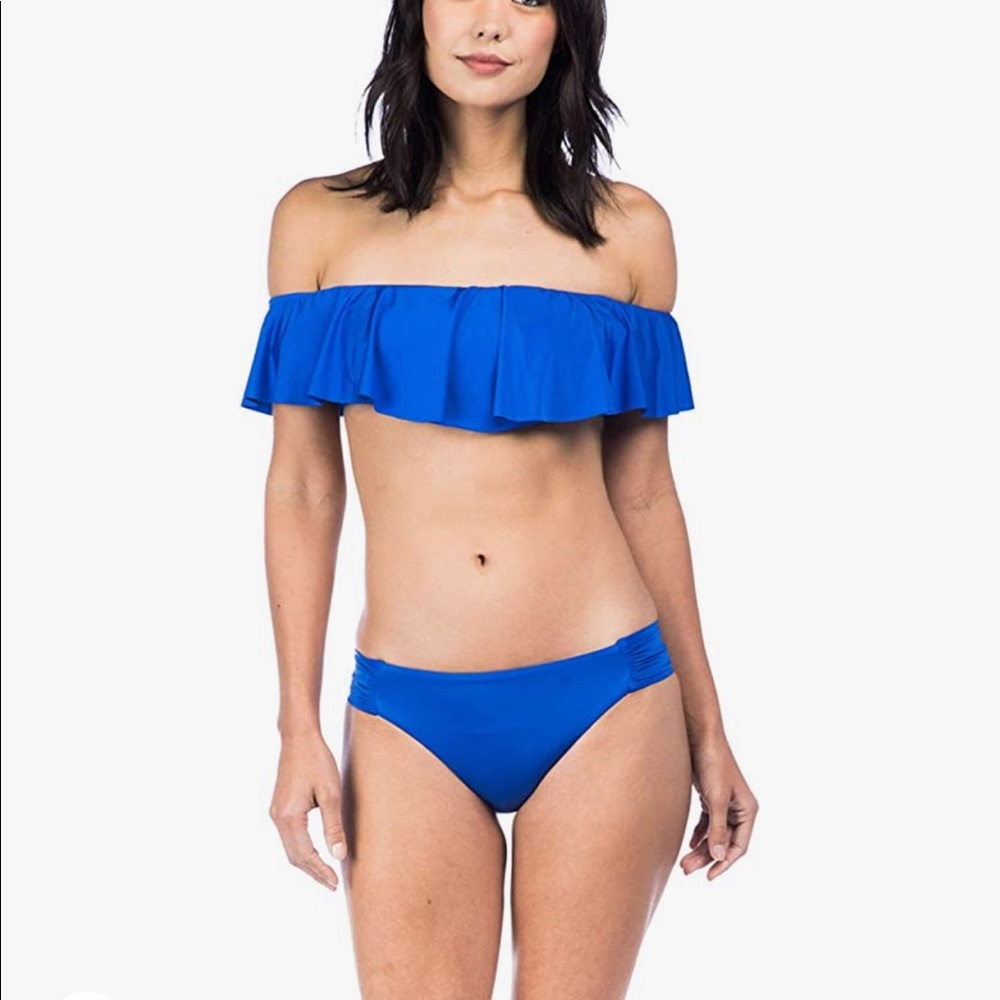 Trina Turk Off Shoulder Key Solids Ruffle Bandeau Bikini Swim Top Bottom…